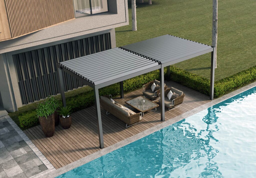 diy pergola kit set up next to pool